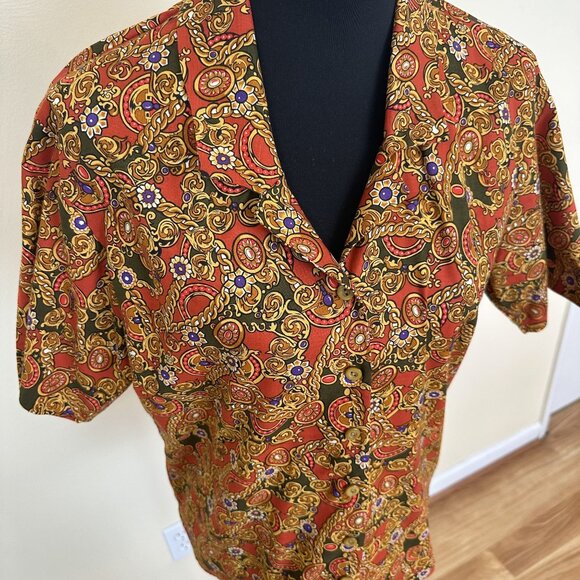 Vintage Womens Paisley Button Up Shirt Short Sleeve Retro Style 70s Chain Link - Picture 1 of 9